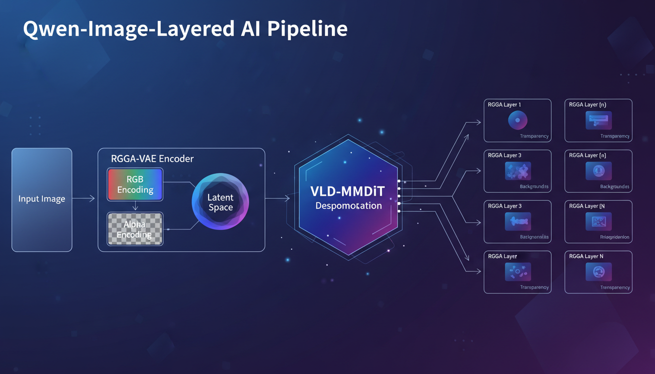 Diagram showing Qwen-Image-Layered architecture with RGBA-VAE, VLD-MMDiT, and layer output