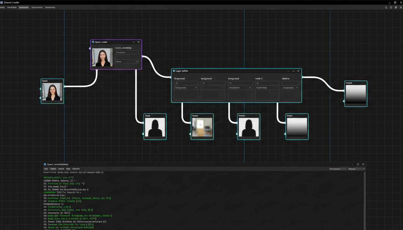ComfyUI workflow diagram for Qwen-Image-Layered with layer separation nodes