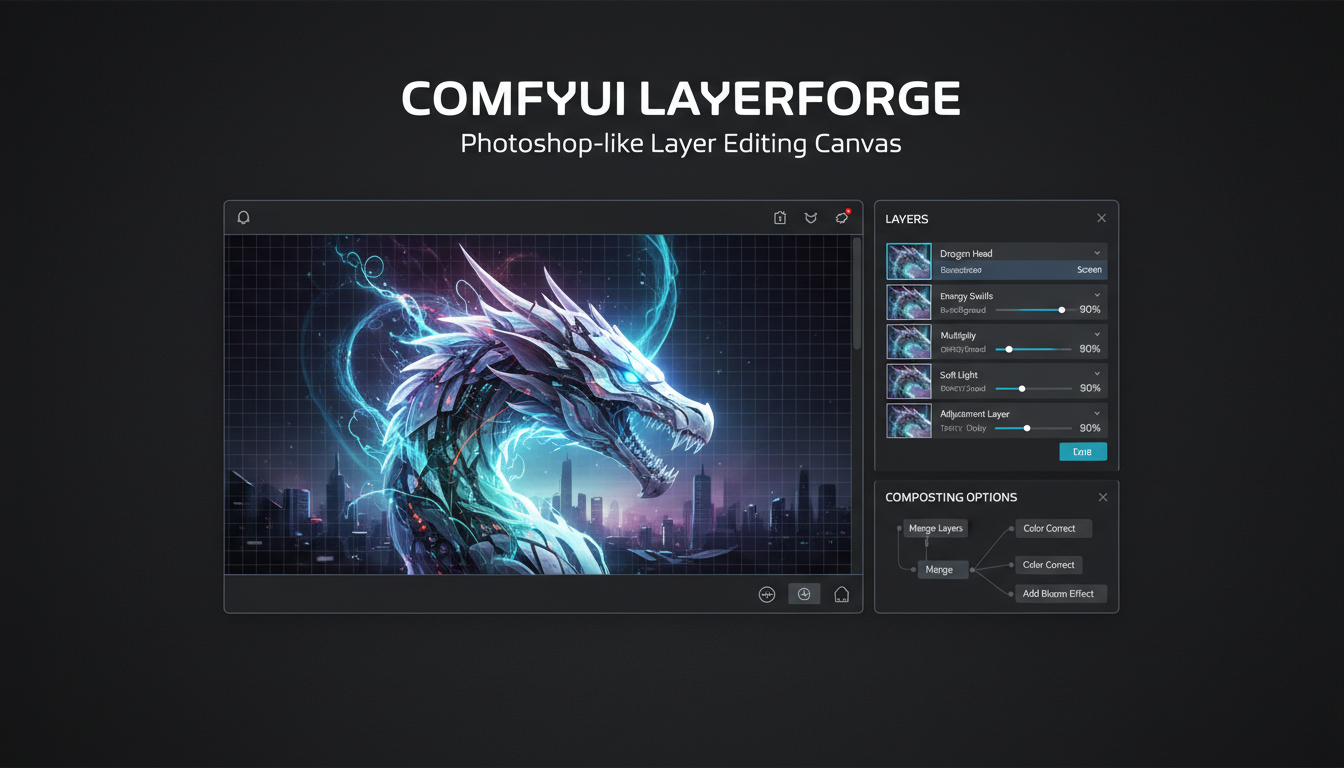 ComfyUI LayerForge showing multi-layer canvas editing with blend modes
