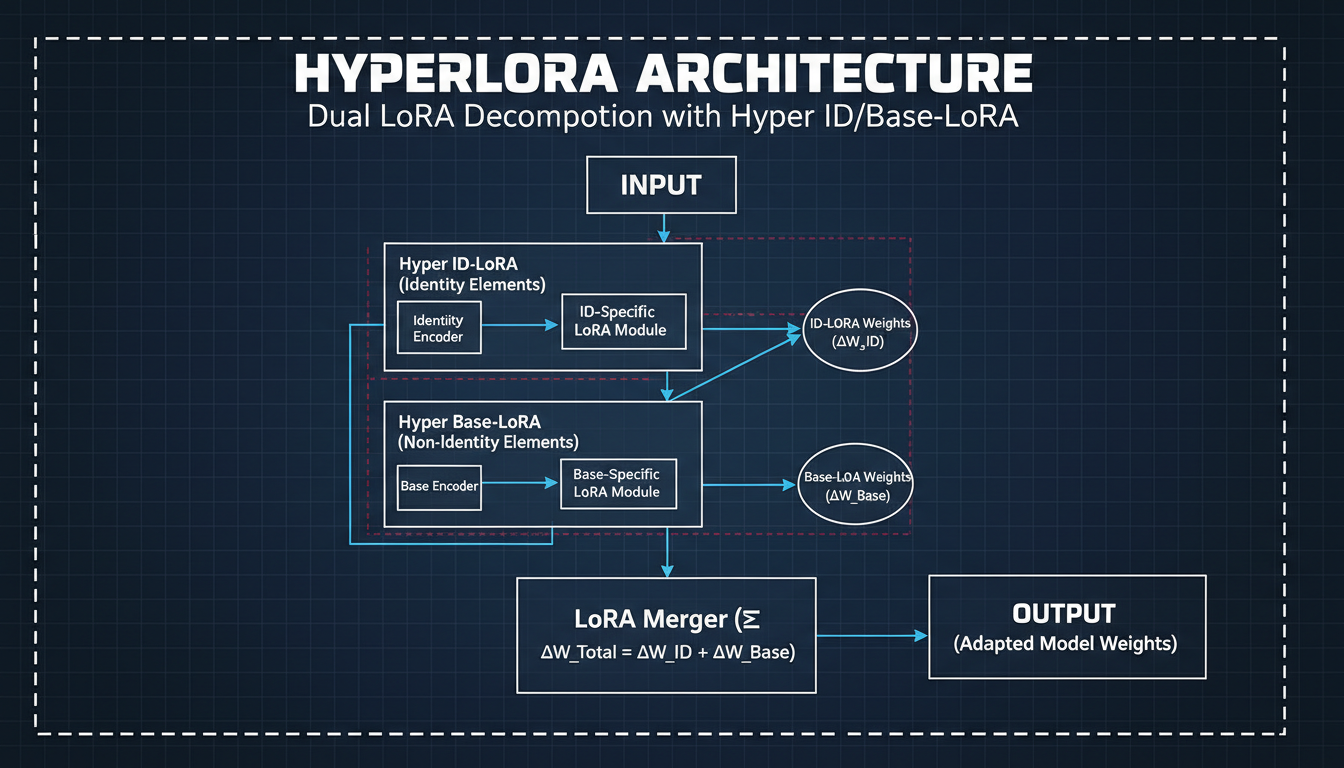 HyperLoRA architecture showing dual LoRA decomposition