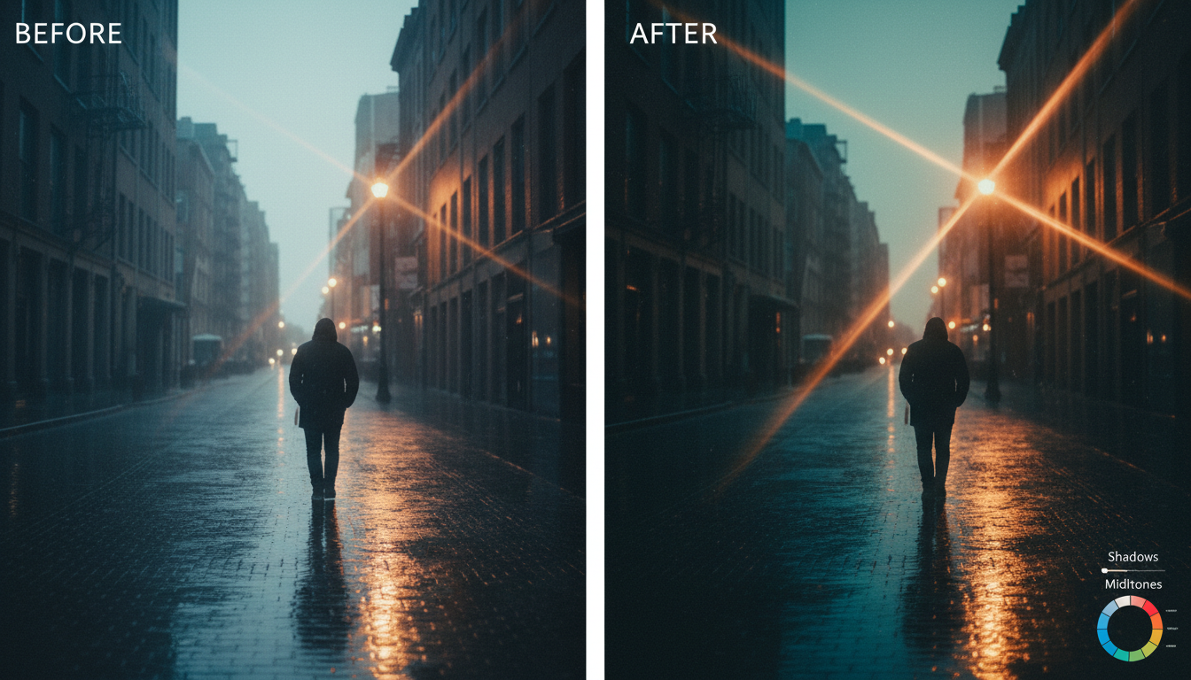 Before and after color grading with Olm Color Suite