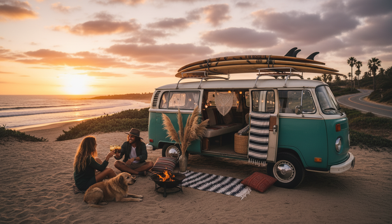 Vintage camper van at beach