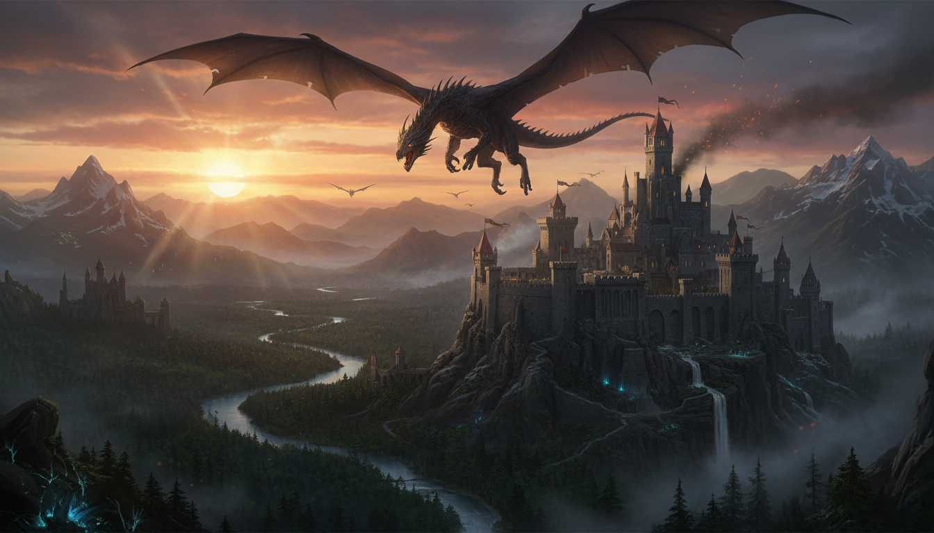Dragon flying over castle