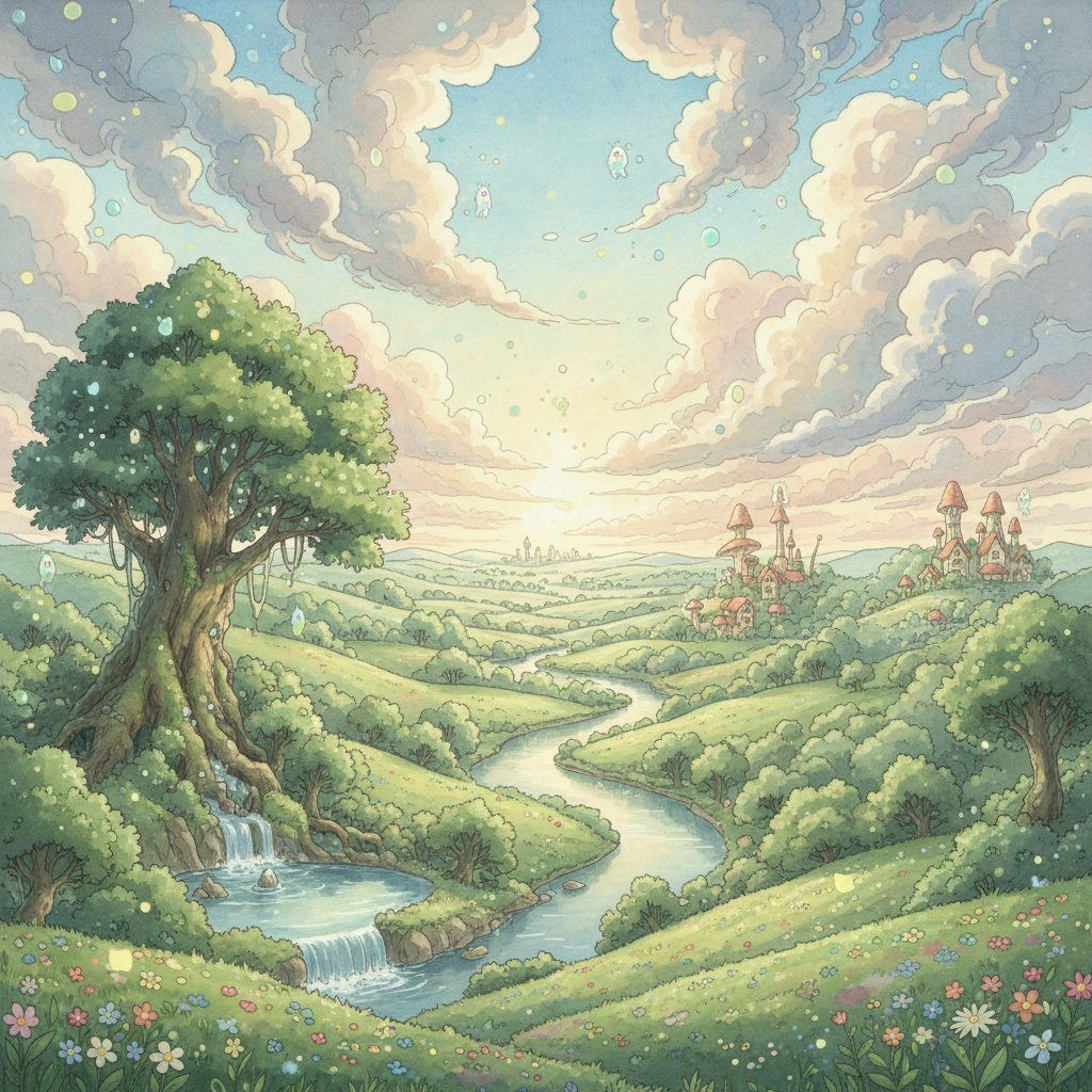 Studio Ghibli style anime art with soft watercolors and dreamy atmosphere