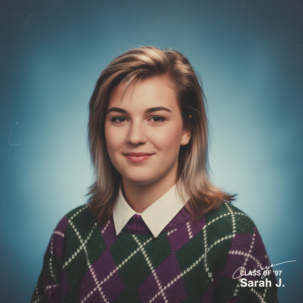 90s style yearbook portrait with vintage film grain and blue backdrop