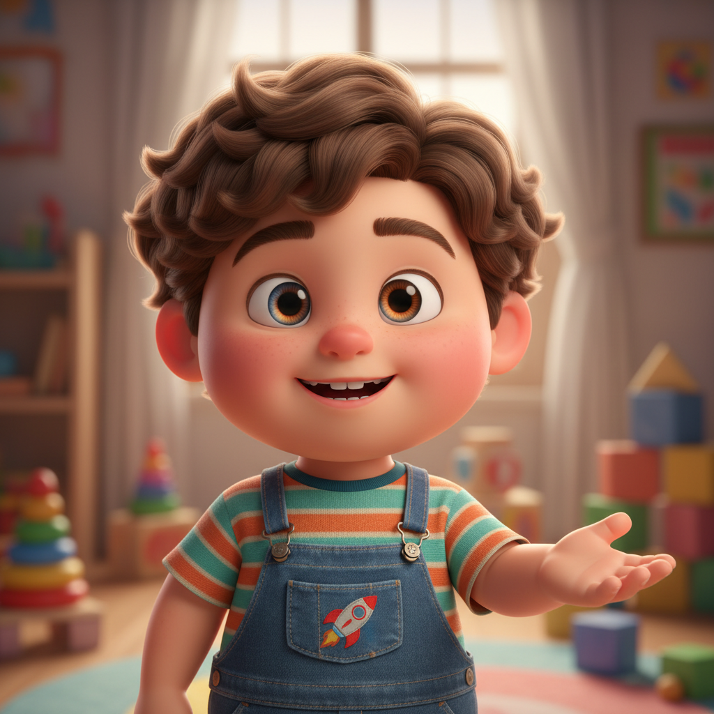 Pixar style 3D animated character with big expressive eyes
