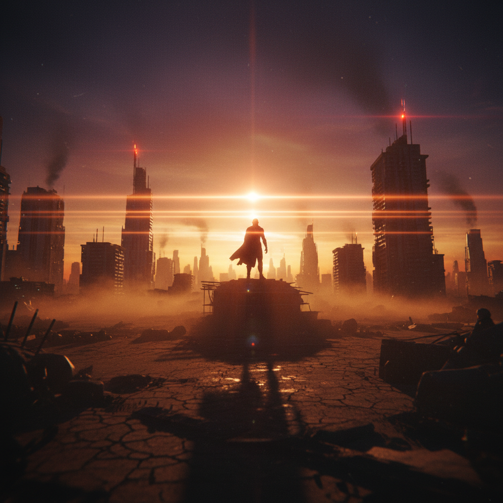 Cinematic movie scene with dramatic lighting and anamorphic lens flare