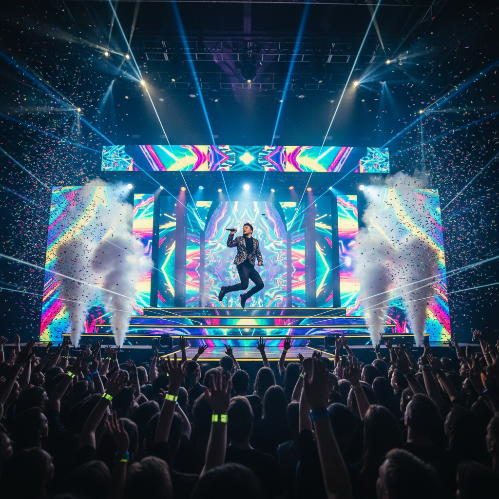 Dynamic music video scene with concert lighting and neon colors