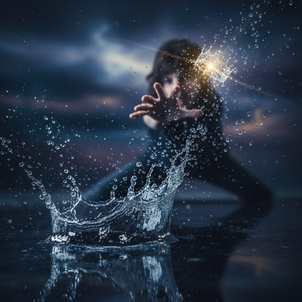 Slow motion effect with time-frozen water droplets