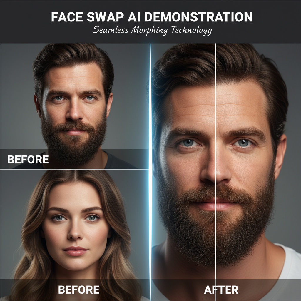 AI face swap demonstration showing seamless face exchange