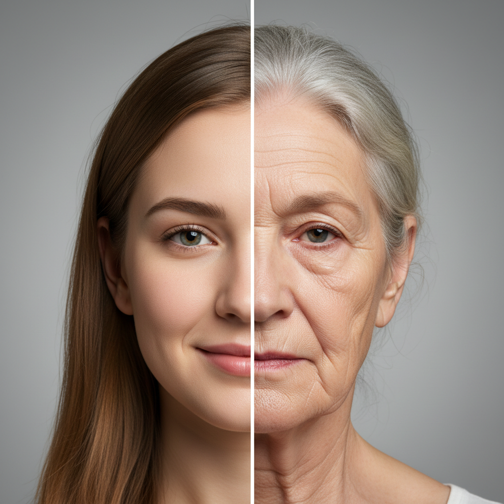 AI age transformation showing young to old progression