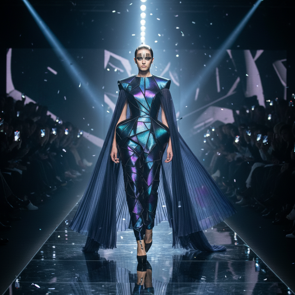 Fashion runway show with model on catwalk