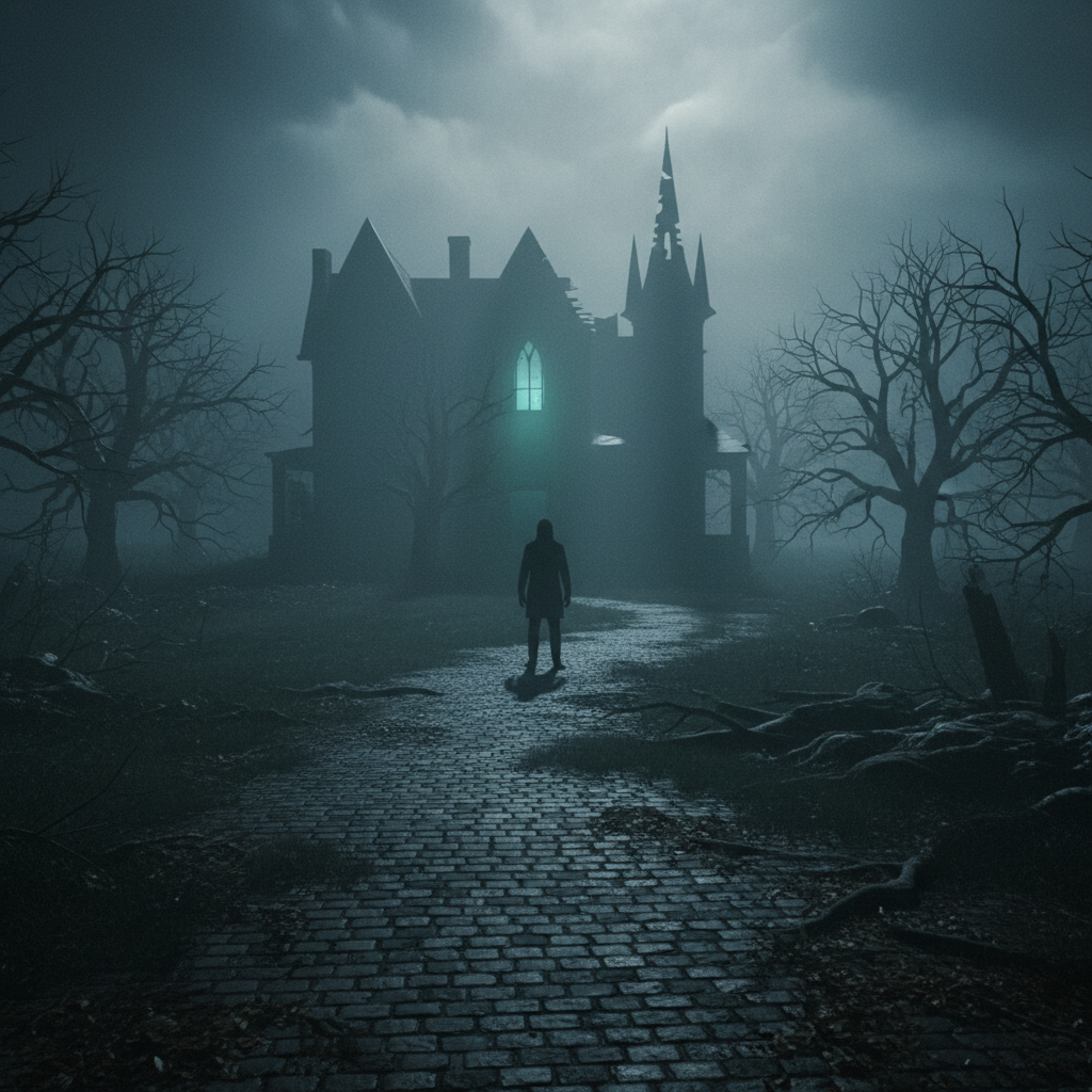 Cinematic horror scene with eerie atmosphere and dramatic shadows