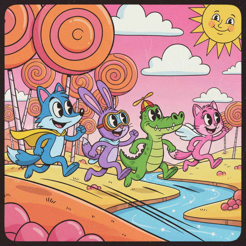 AI generated 2D cartoon animation with colorful characters