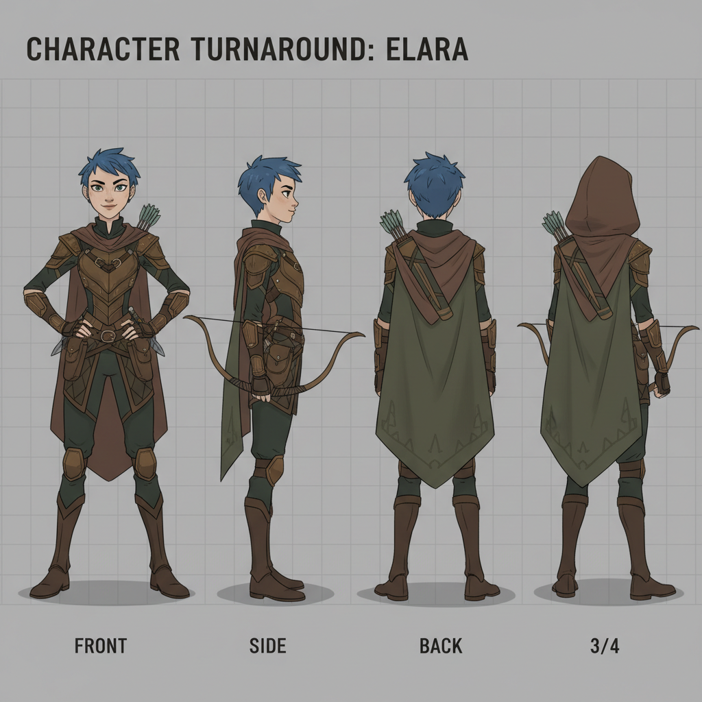 AI character turnaround sheet with multiple angle views