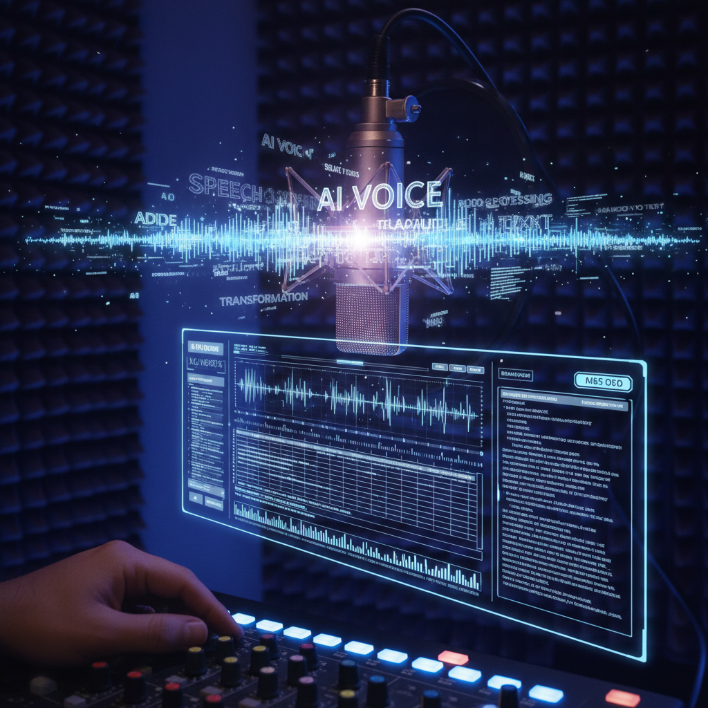 AI voiceover studio microphone sound waves professional recording