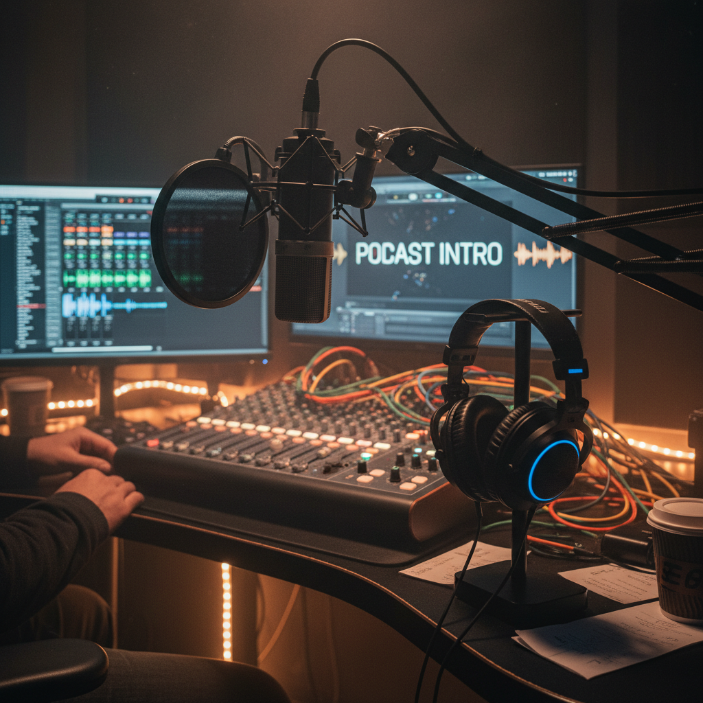 Podcast intro music microphone broadcast audio production