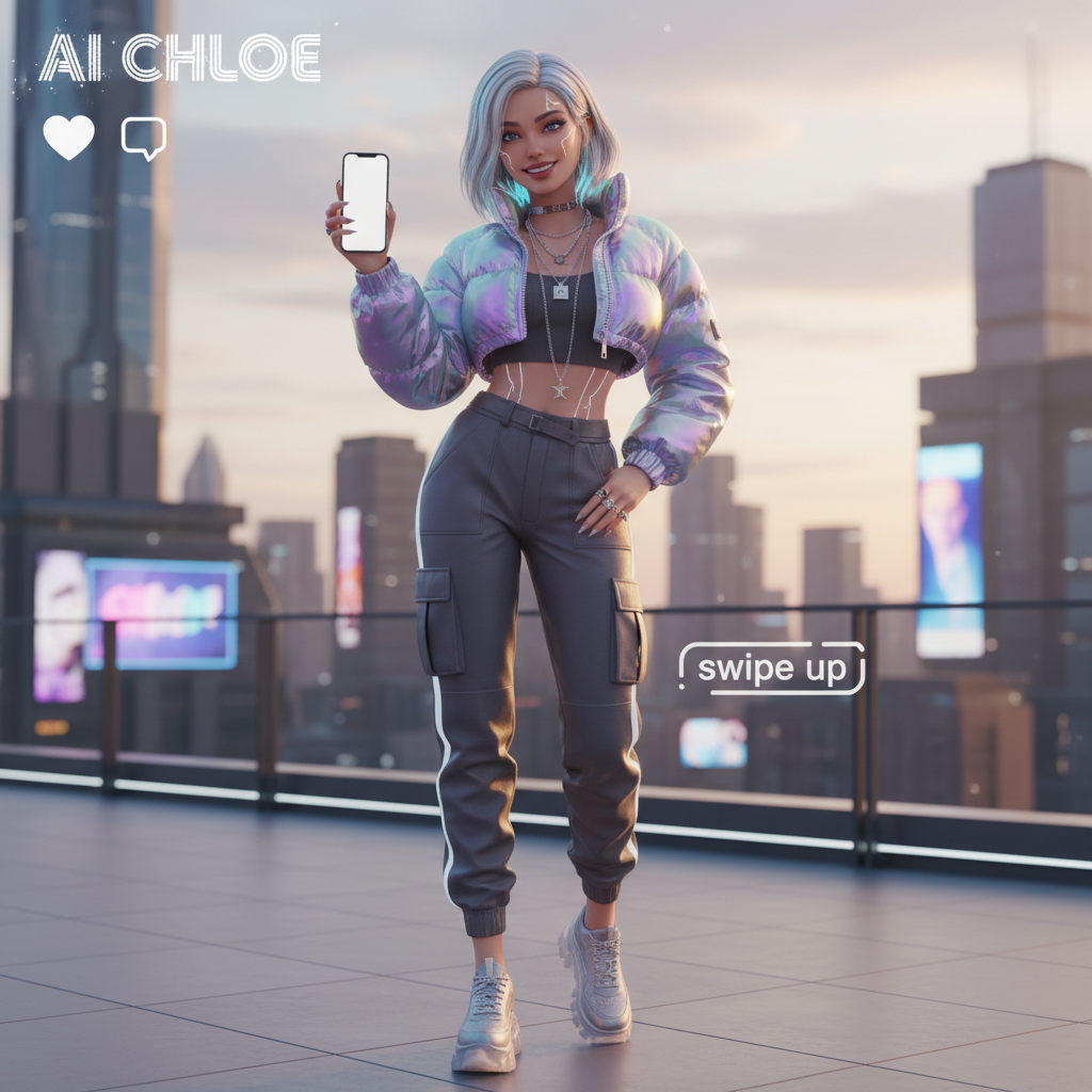 Virtual influencer AI personality social media trendy fashion Instagram digital human