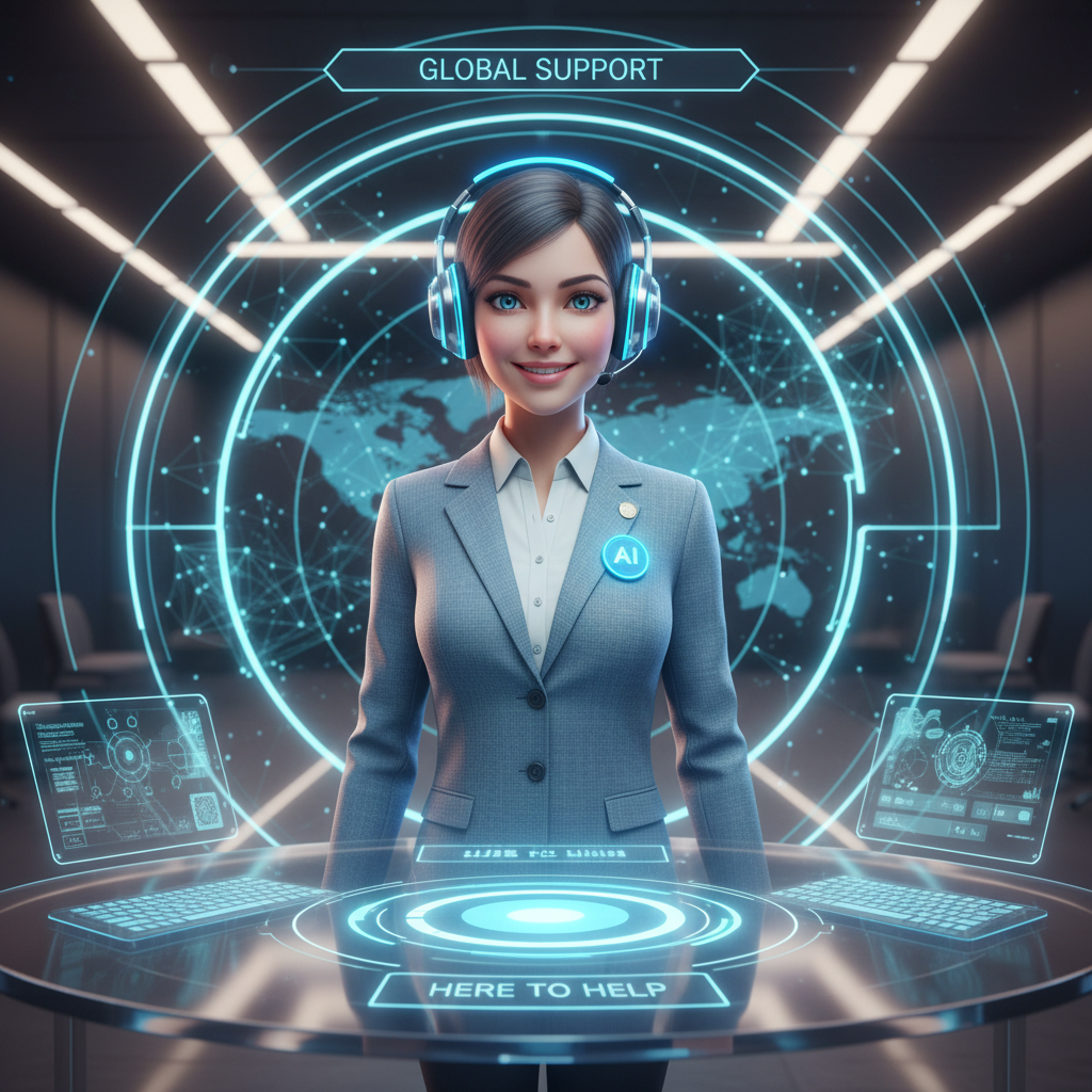 Customer support AI avatar service representative friendly helpful headset