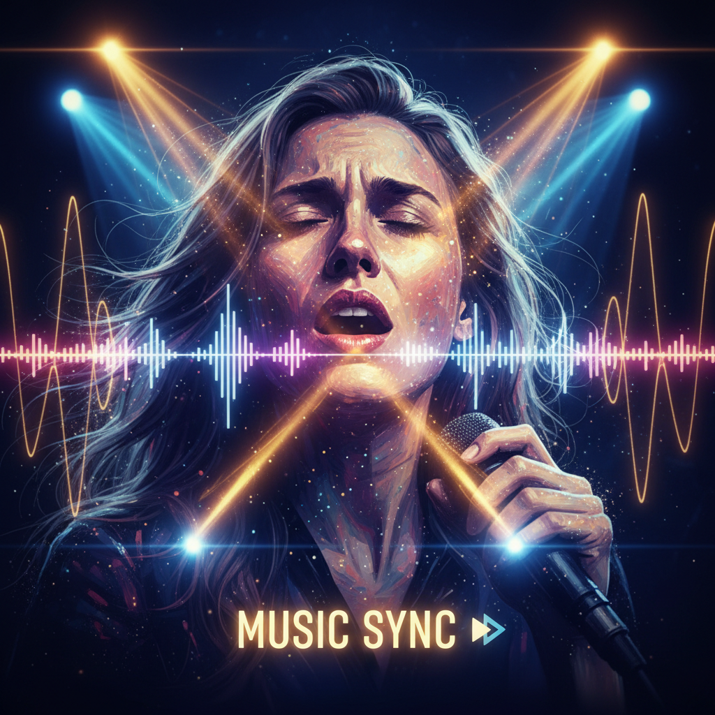 Music lip sync AI singing face synchronization audio waveform concert performance