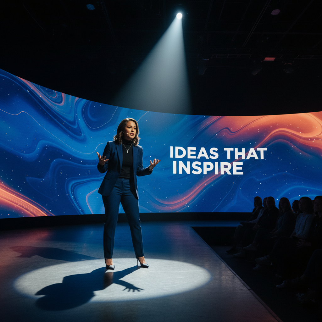 AI speaker promotional photo keynote conference TED talk stage spotlight