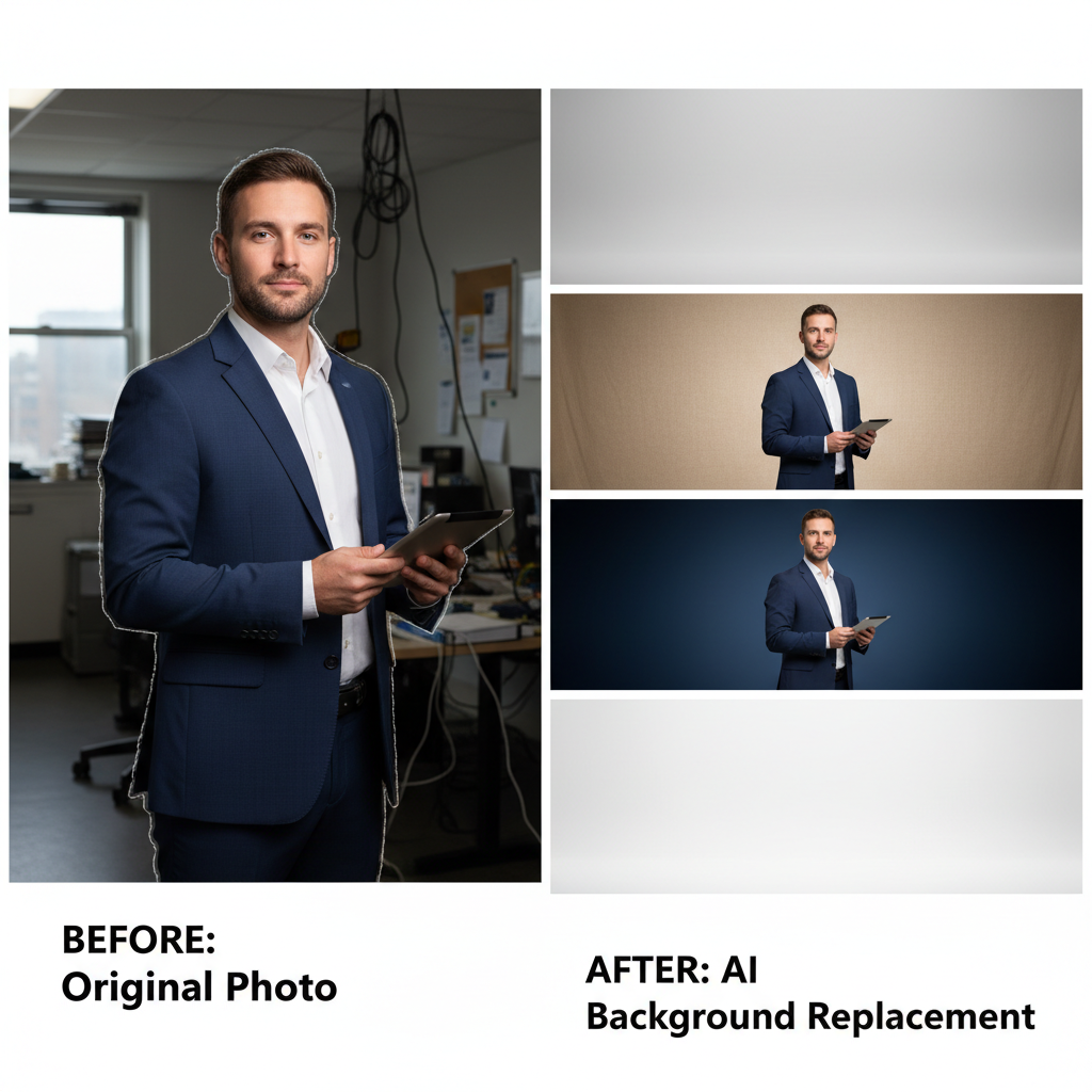 AI background replacement clean cutout professional backdrop studio
