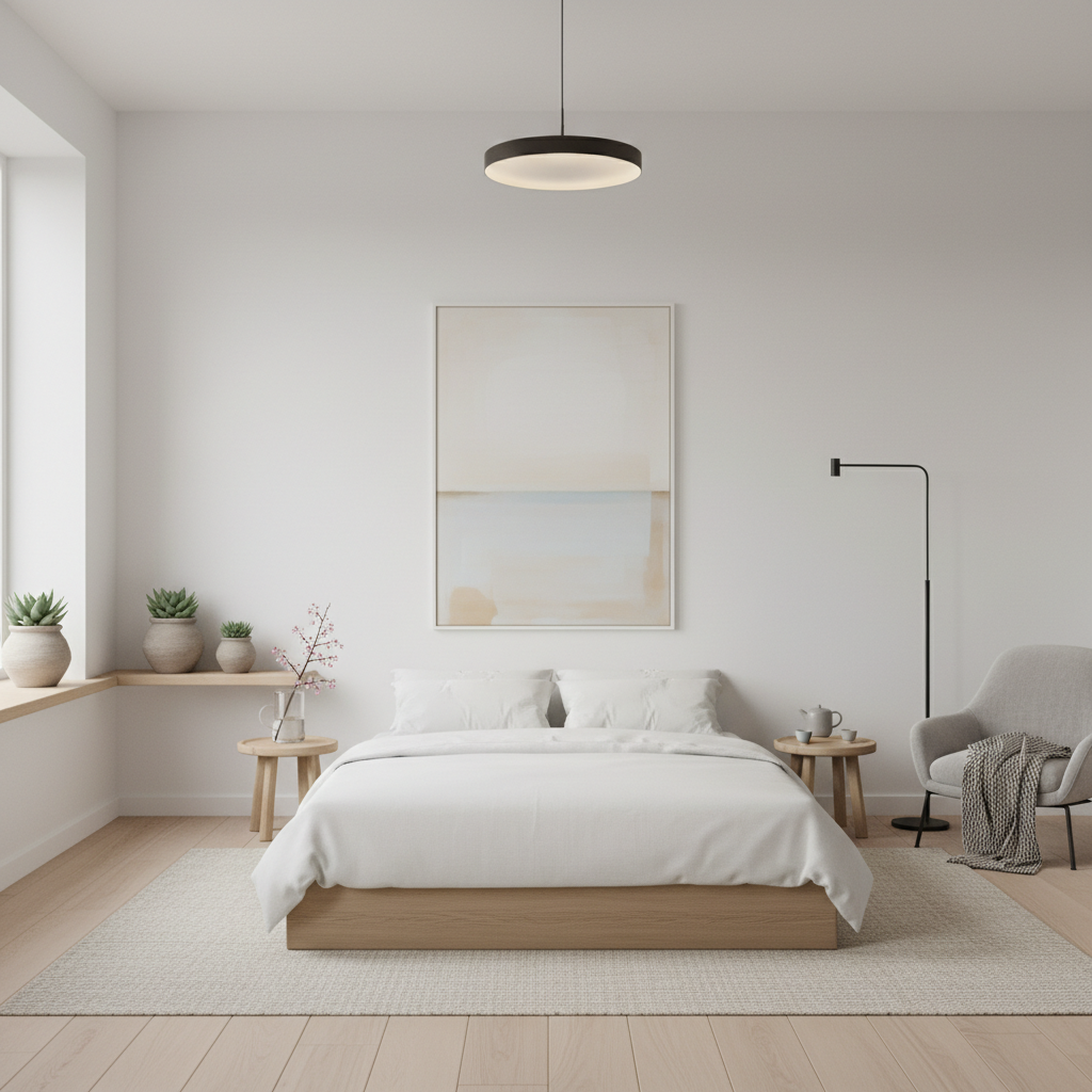 Minimalist interior staging white walls simple furniture zen aesthetic