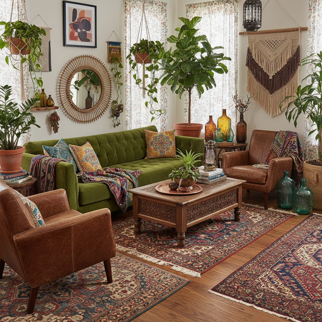 Bohemian interior staging eclectic furniture colorful textiles plants