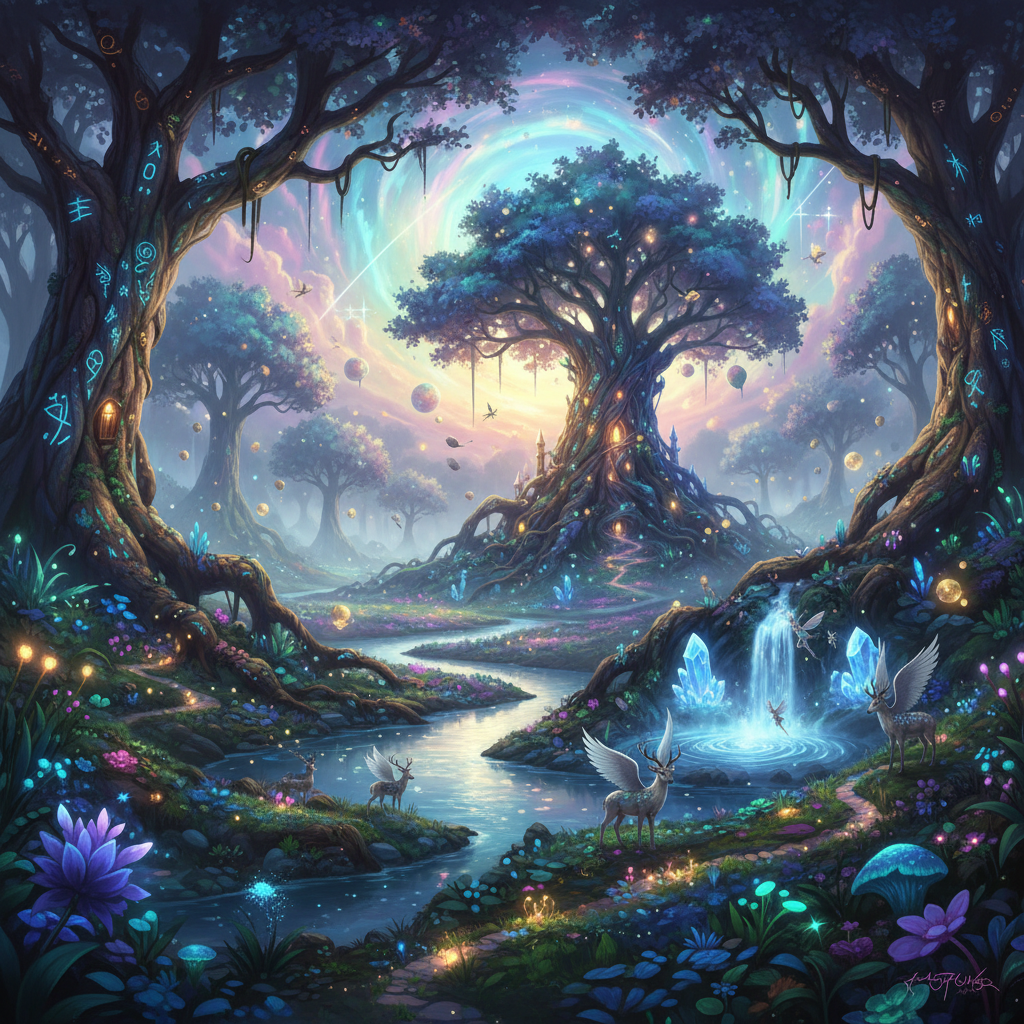 Fantasy background magical realm enchanted forest mystical ethereal