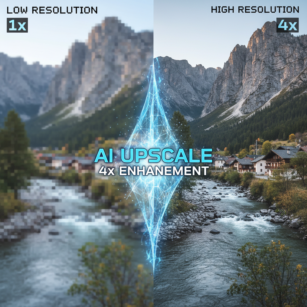 AI image upscaling 4x resolution enhancement pixel clarity detail recovery high quality