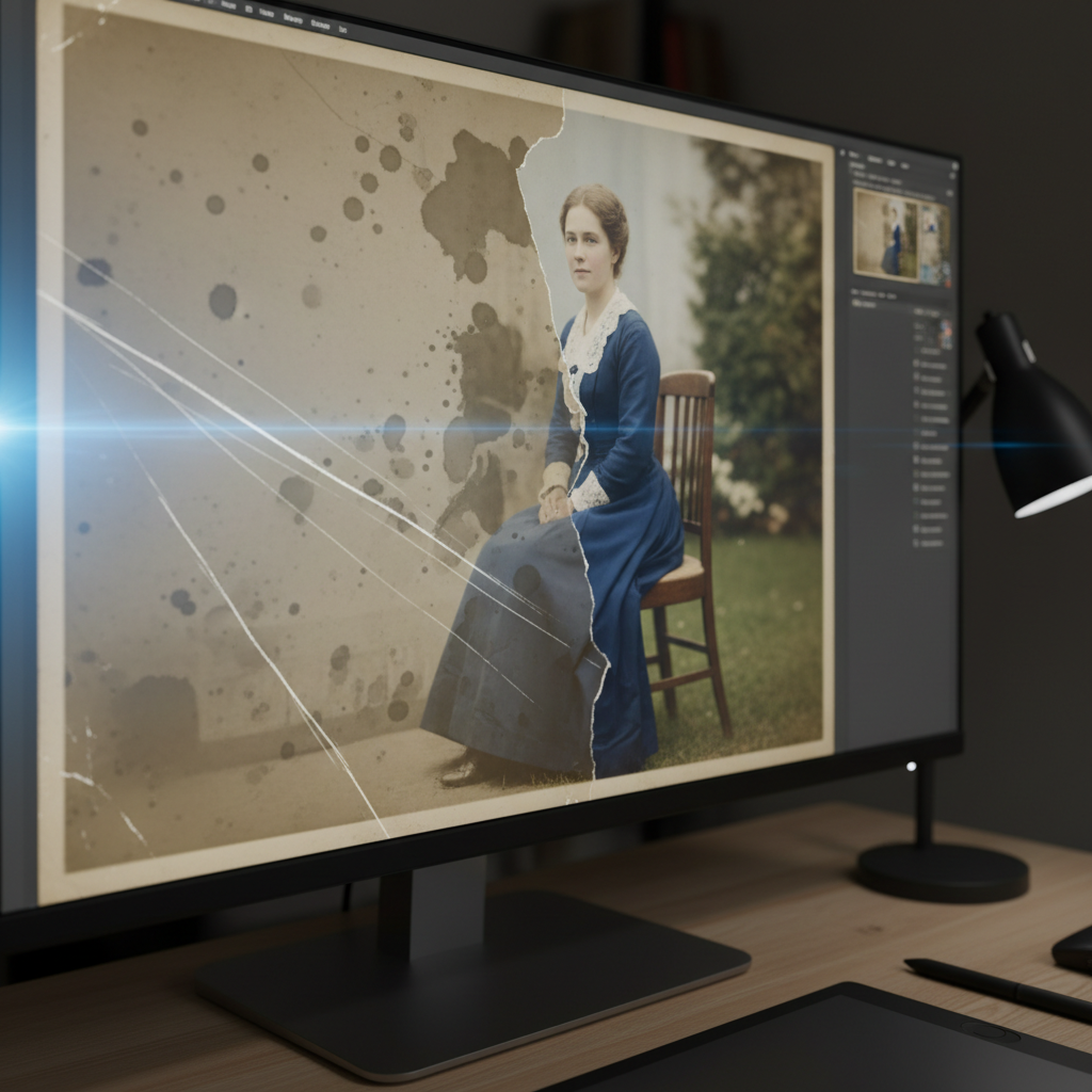 AI photo restoration old damaged photo repair scratch removal color recovery vintage