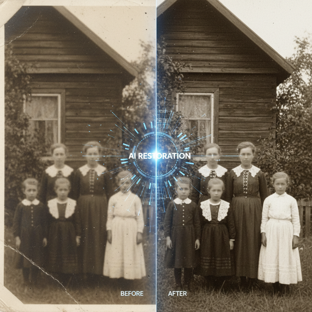 AI old photo upscaling vintage enhancement nostalgic clarity improvement retro quality