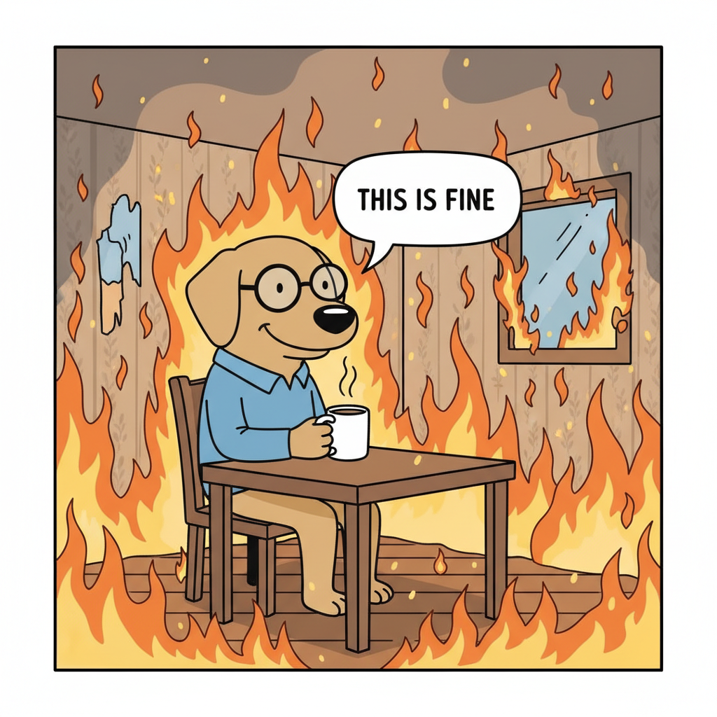 This is fine meme recreation classic internet meme burning room VFX