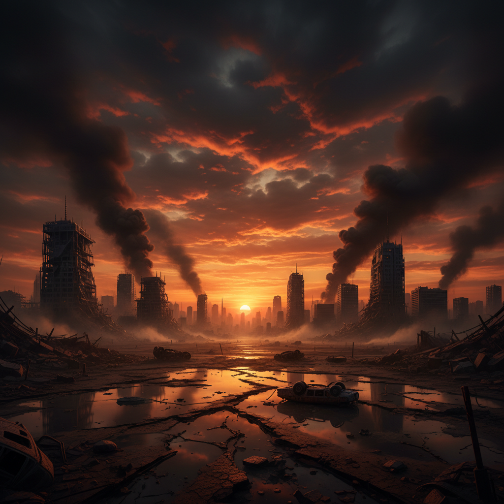 AI burning sunset apocalyptic sky dramatic orange red clouds VFX