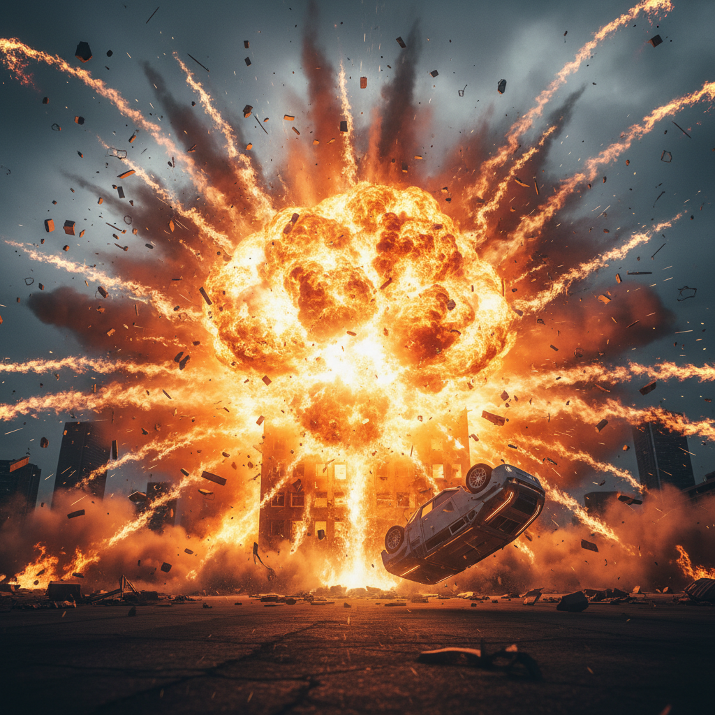 AI explosion cinematic blast action movie pyrotechnics VFX special effects
