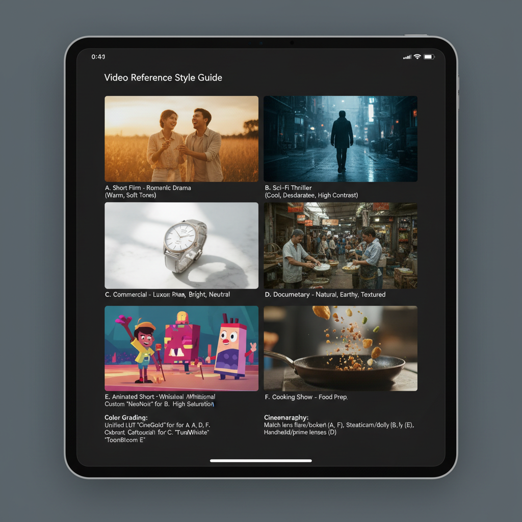 AI video reference style guide editing matching visual look color grading