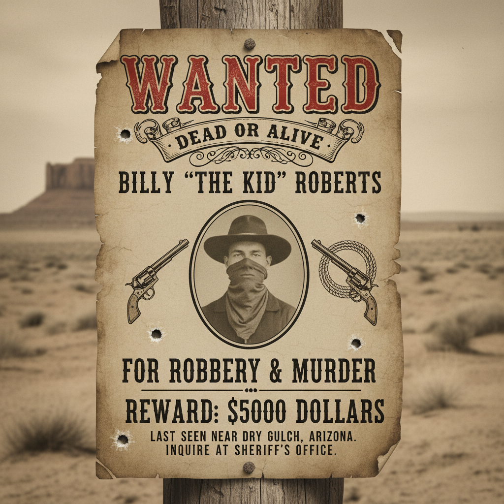 AI wanted poster wild west bounty vintage western reward outlaw design