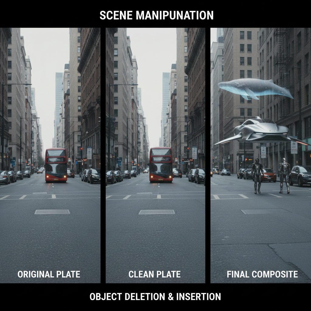 AI add remove objects scene editing insertion deletion clean plate VFX