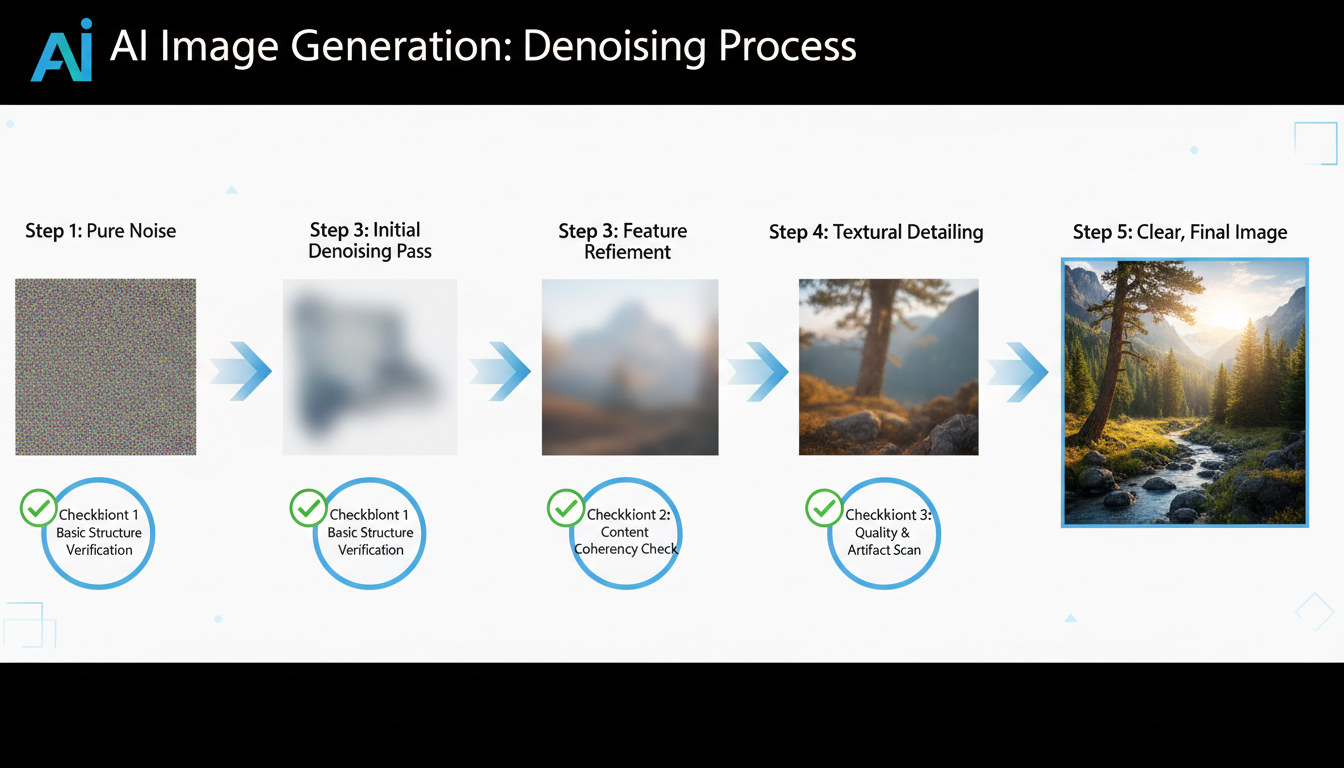 Diagram showing the denoising process in AI image generation with verification checkpoints