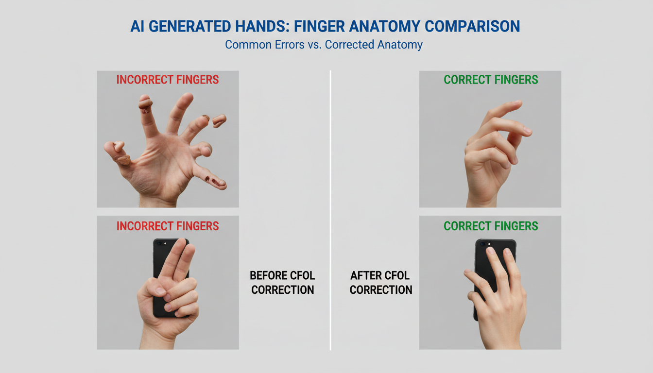 Comparison of AI generated hands before and after CFOL correction
