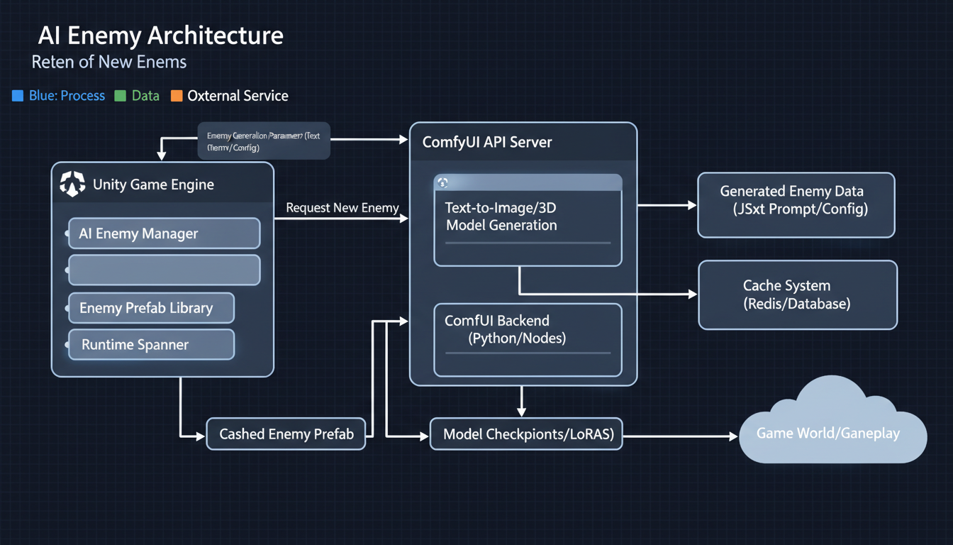 Game engine architecture for AI enemy generation with ComfyUI API integration