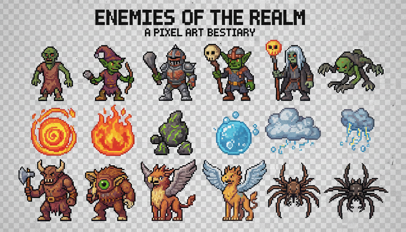 Variety of pixel art fantasy RPG enemies generated with consistent style