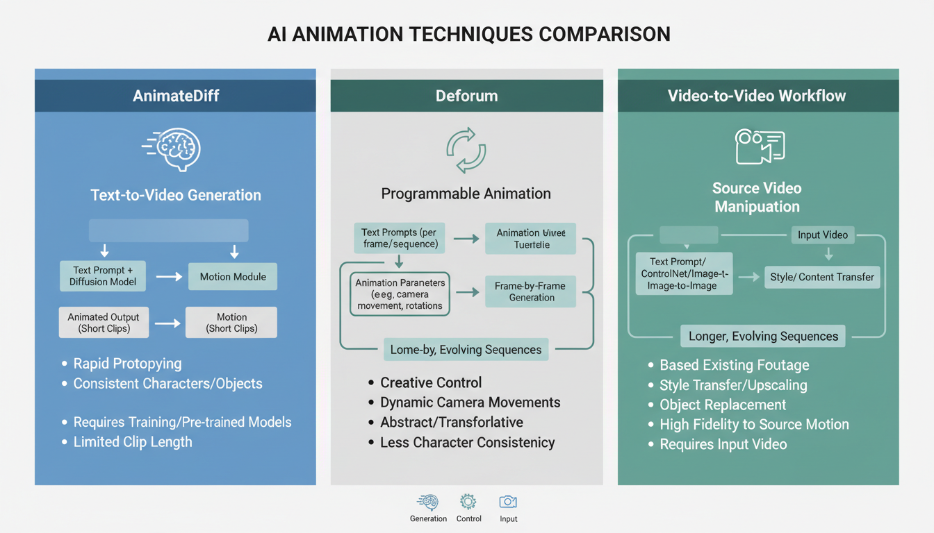 Comparison of AI animation techniques AnimateDiff vs Deforum vs video-to-video