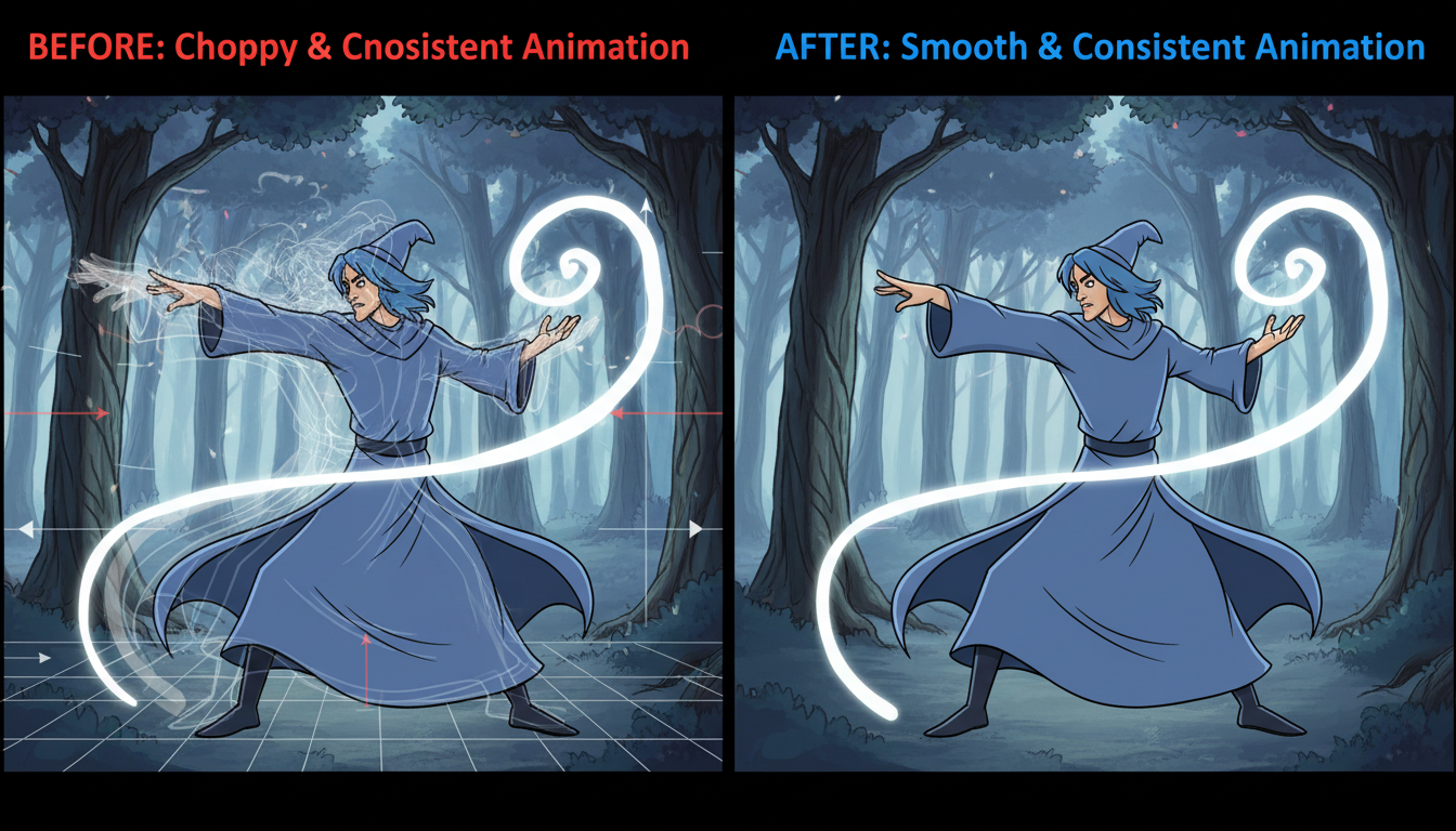 Before and after comparison of AI animation flickering fixes