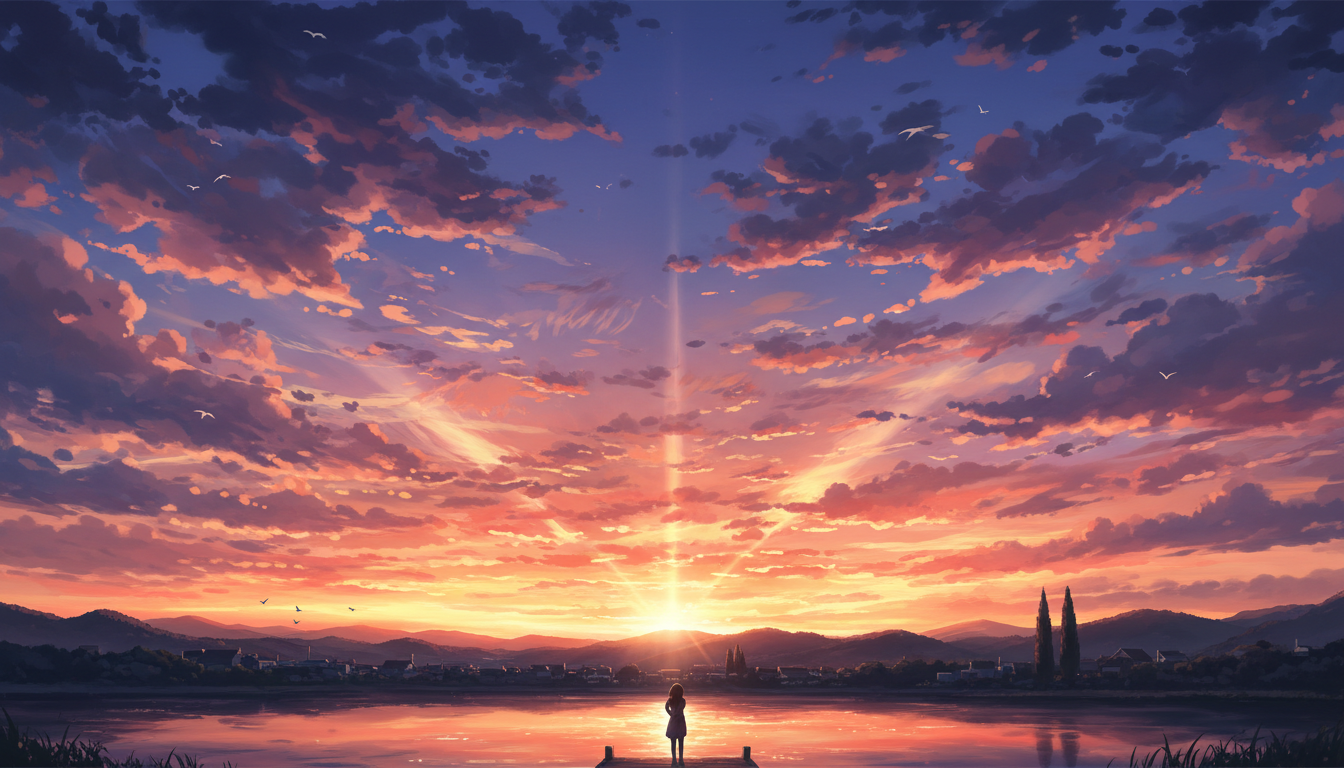 Anime style phone wallpaper with beautiful sunset sky