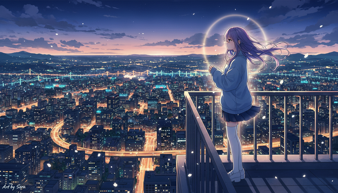 Anime character on rooftop looking at city lights