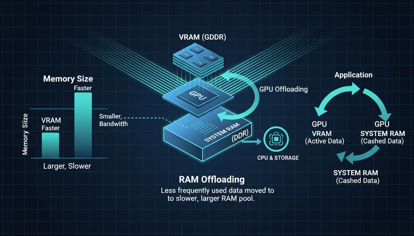 GPU memory optimization diagram showing RAM offloading