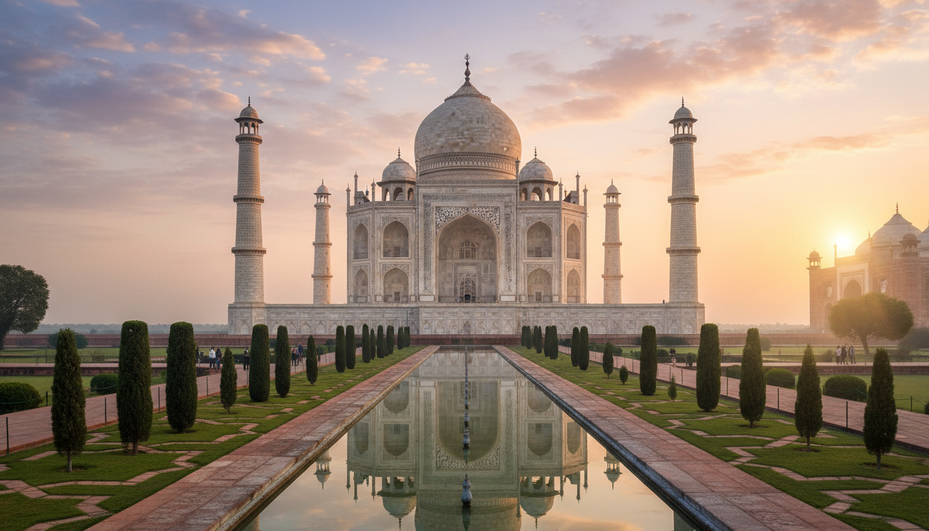 AI generated Taj Mahal with reflecting pool