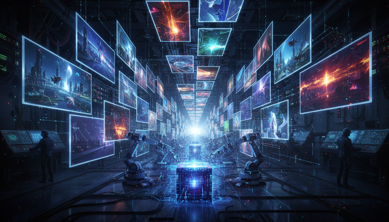 Infinite video generation concept showing seamless video frames extending into infinity