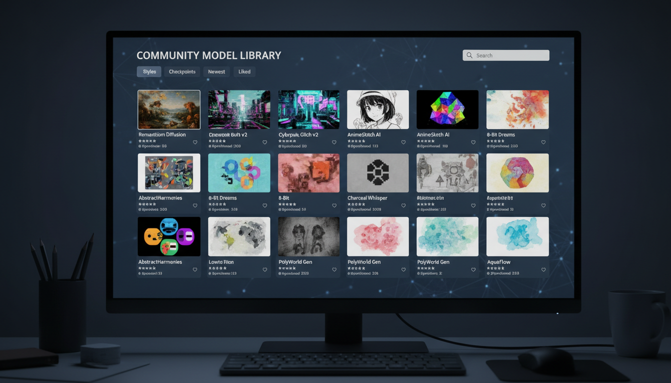 Community model library showing various AI art styles